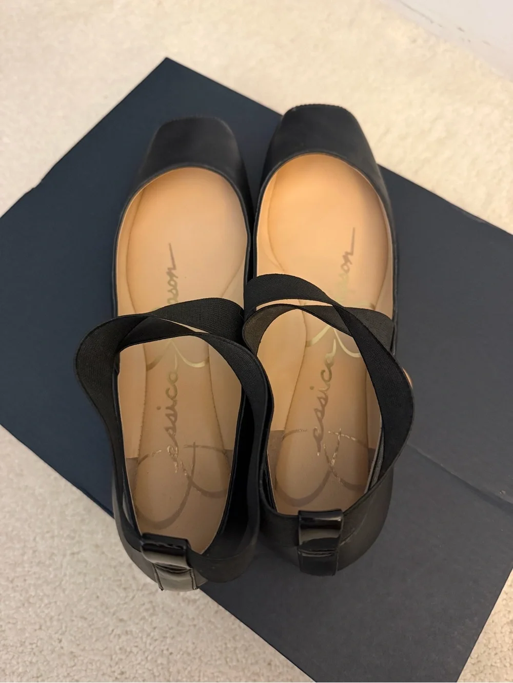 Jessica Simpson Black Leather Ankle-Strap Ballet Flats